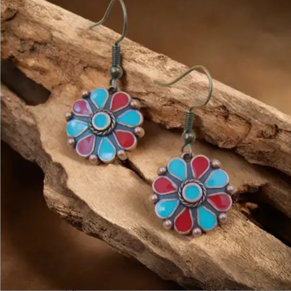 Bohemian 70s  Flower Power Floral Turquoise and Red  Dangle Earrings
